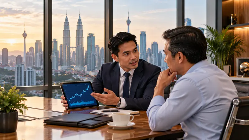 Close-up of hands holding a pen over printed fund performance charts on a desk in a bright Malaysian office.