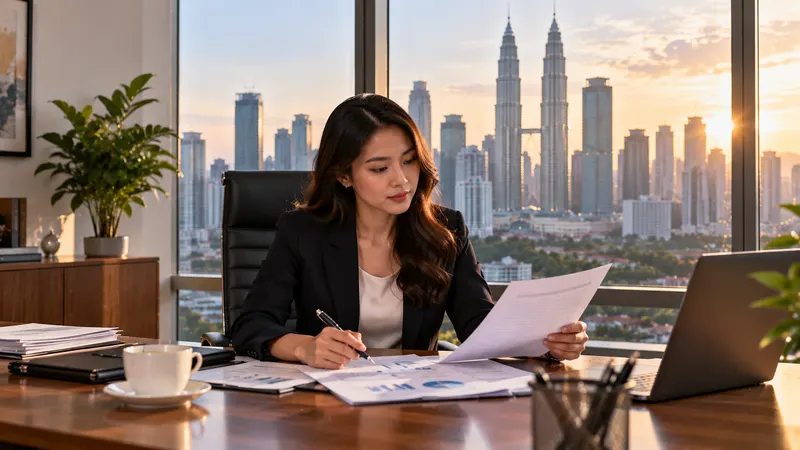 Unit trust consultant and a retiree reviewing a retirement plan together at a bank branch counter in Penang, in warm daylight