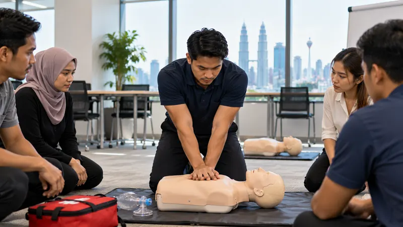 Trainee practising chest compressions on a manikin in a bright training room while colleagues kneel nearby
