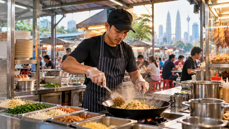 Hawker in an apron, cap and gloves preparing noodles at a clean stainless-steel stall in a hawker centre