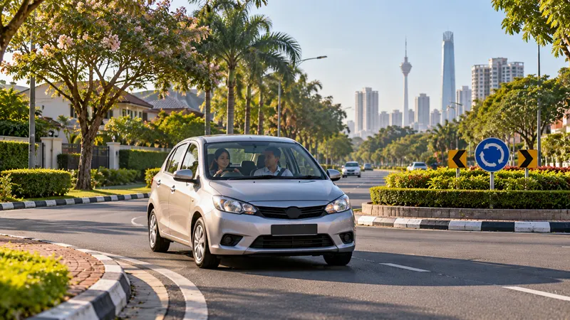 Learner driver in a small hatchback at a Malaysian driving institute circuit, with the instructor beside her, palm trees and a hazy tropical sky