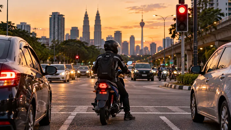 Young rider in a full-face helmet and jacket on a small kapcai motorcycle at a training circuit, with cones and a row of shophouses in soft morning light