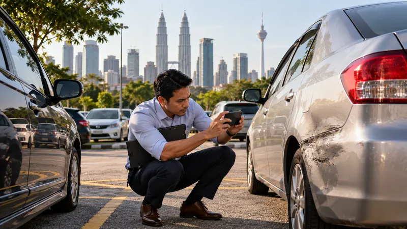 An insurance assessor photographing a dented car bumper in a Malaysian housing-estate street, with rain-wet tarmac.