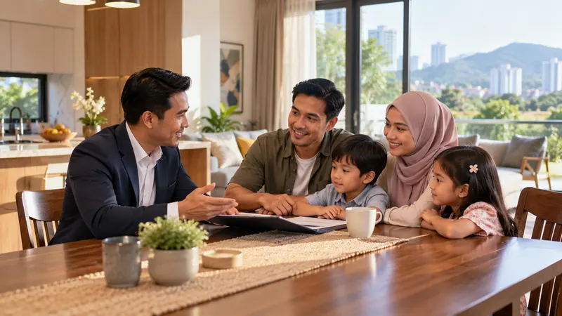 A young insurance agent at a café table in Kuala Lumpur explaining a plan on a tablet to a couple, with city towers blurred behind.