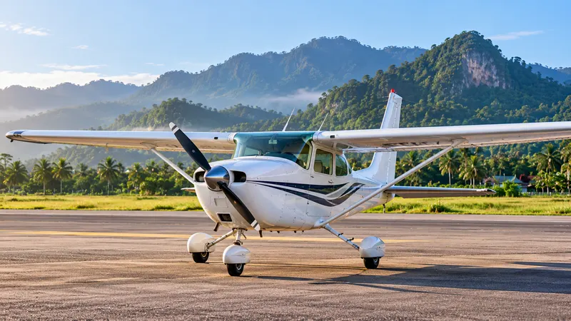 Single-engine training aircraft parked on a regional Malaysian airstrip with green hills and cumulus clouds behind