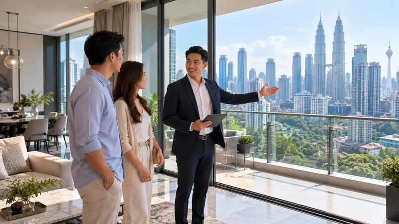 Real estate negotiator showing a young family around a bright terrace house in a new Klang Valley township