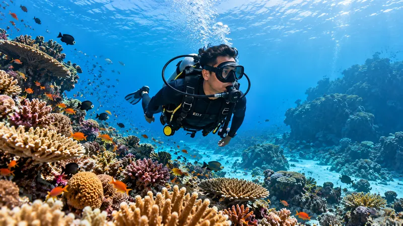 Two scuba divers swimming over a coral reef with sea turtles in clear blue water