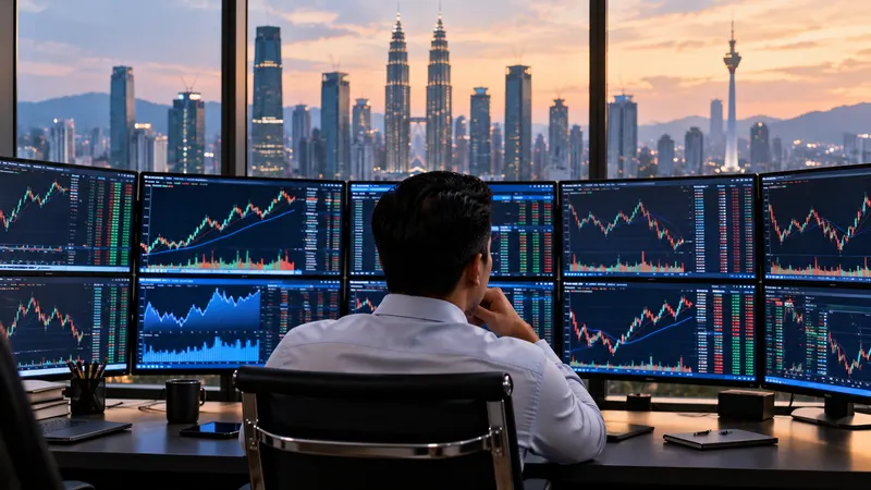Trader at a dual-monitor desk in a Kuala Lumpur office at dusk, with city lights through the window and the screens blurred