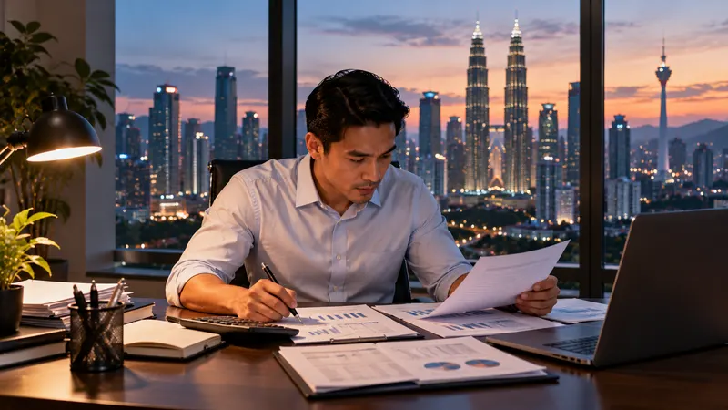 Calculator, printed balance sheet and laptop on a wooden desk, next to a cup of Malaysian kopi